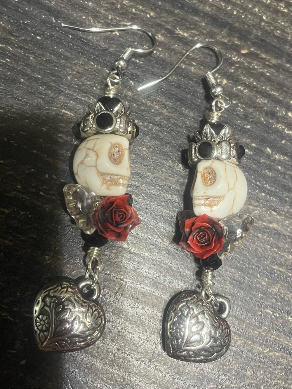 Red Rose Skull Drop Earrings with Silver Heart Charm